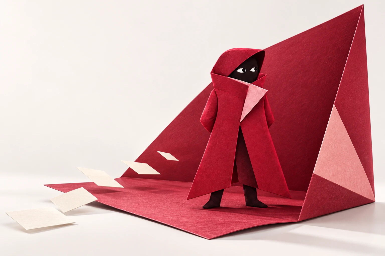 Agent K in a sculptural cherry-paper folio, gathering scattered pages
